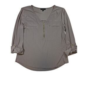 Tan Textured Quarter Zip Roll Tab Sleeve Pullover Casual Utility Top Medium